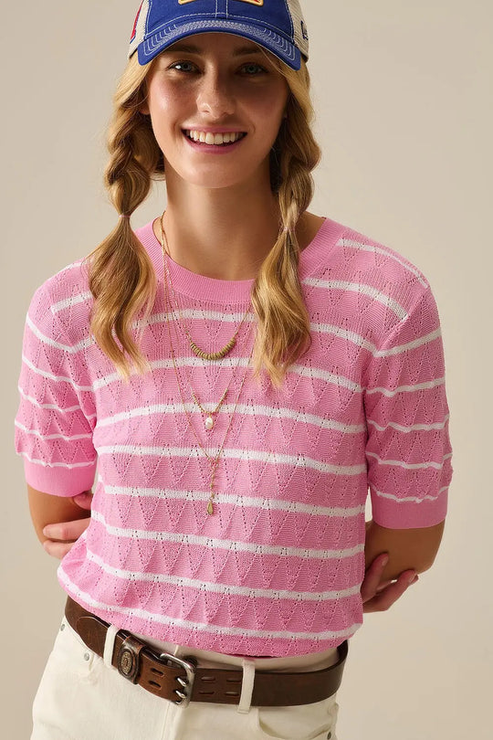 Pink Openwork Knit Top with Short Sleeves and White Stripes - PINK / ONE - Sweaters