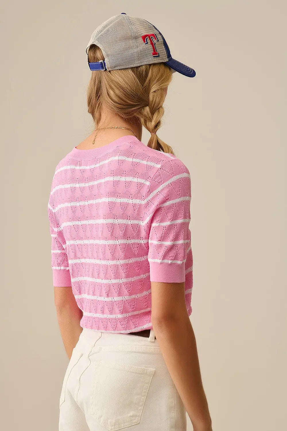 Pink Openwork Knit Top with Short Sleeves and White Stripes - PINK / ONE - Sweaters