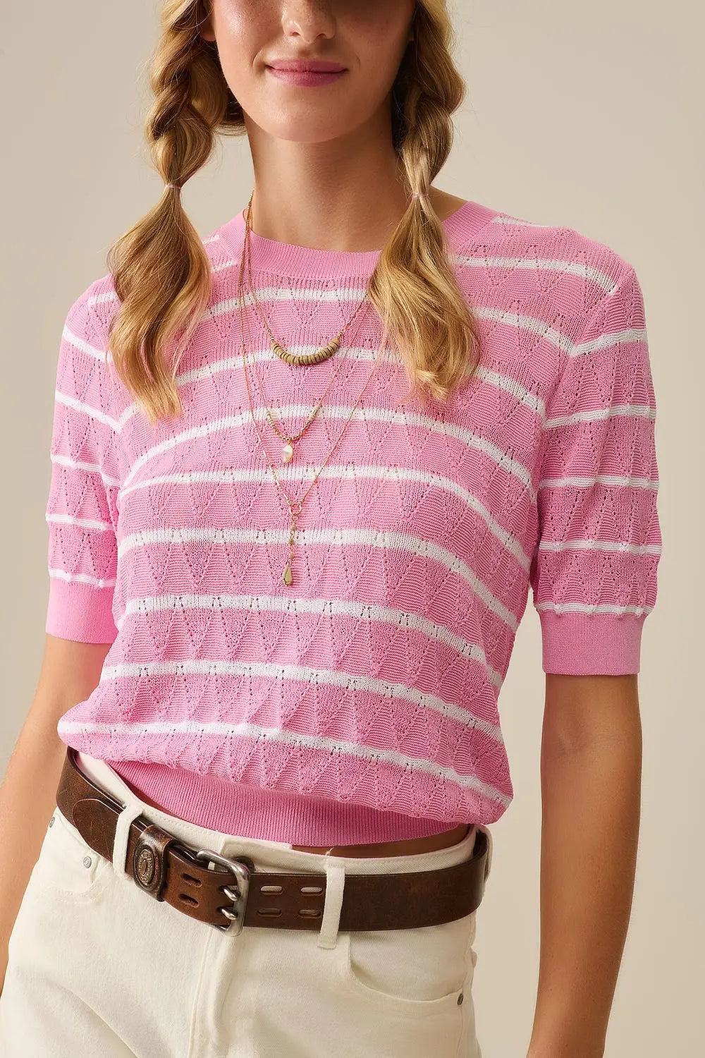 Pink Openwork Knit Top with Short Sleeves and White Stripes - PINK / ONE - Sweaters