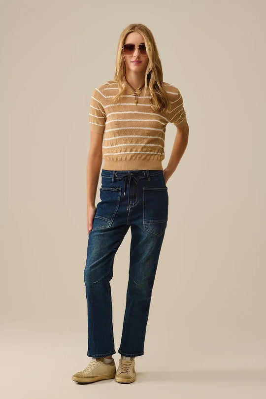 Camel Openwork Knit Top with Short Sleeves and White Stripes - CAMEL / ONE - Sweaters