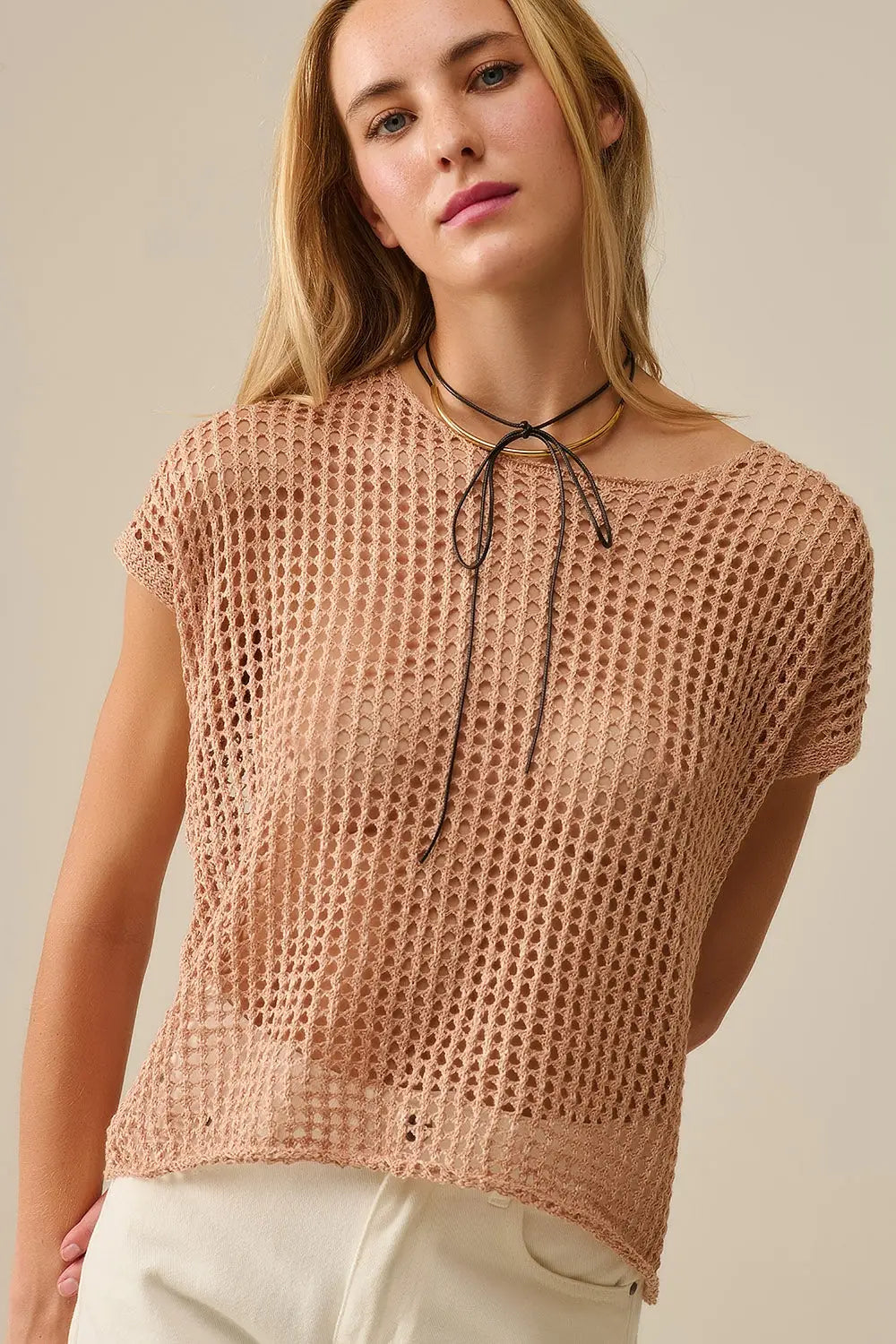 Open Knit Crochet dropped Sleeved Top in Camel - CAMEL / ONE - Sweaters
