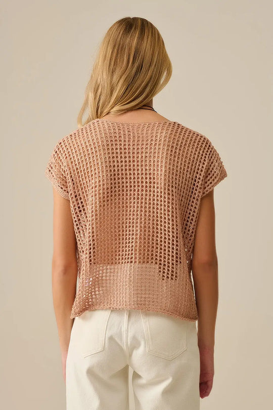Open Knit Crochet dropped Sleeved Top in Camel - CAMEL / ONE - Sweaters