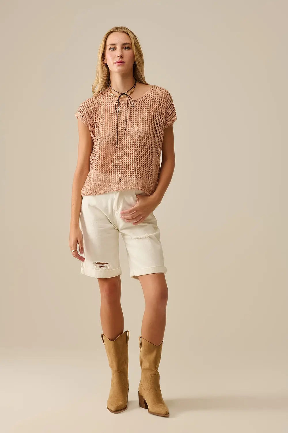 Open Knit Crochet dropped Sleeved Top in Camel - CAMEL / ONE - Sweaters
