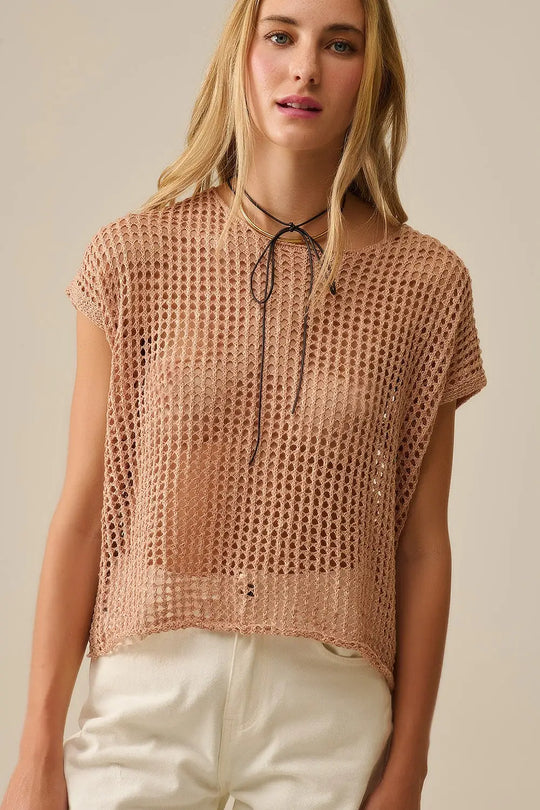 Open Knit Crochet dropped Sleeved Top in Camel - CAMEL / ONE - Sweaters