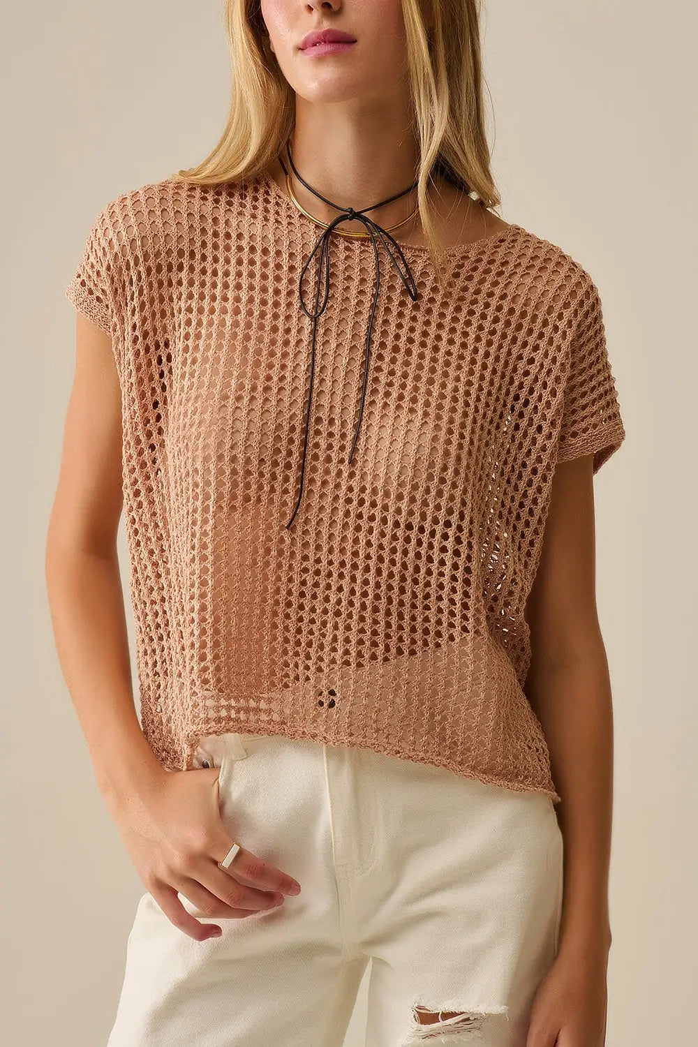 Open Knit Crochet dropped Sleeved Top in Camel - CAMEL / ONE - Sweaters