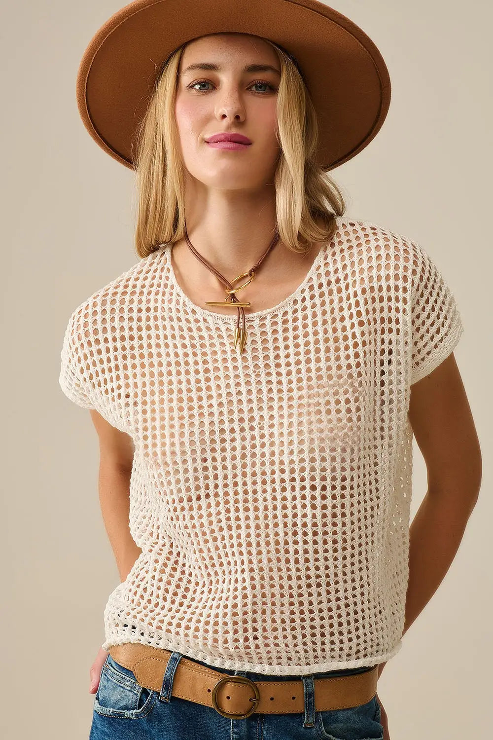Open Knit Crochet dropped Sleeved Top in white - WHITE / ONE - Sweaters