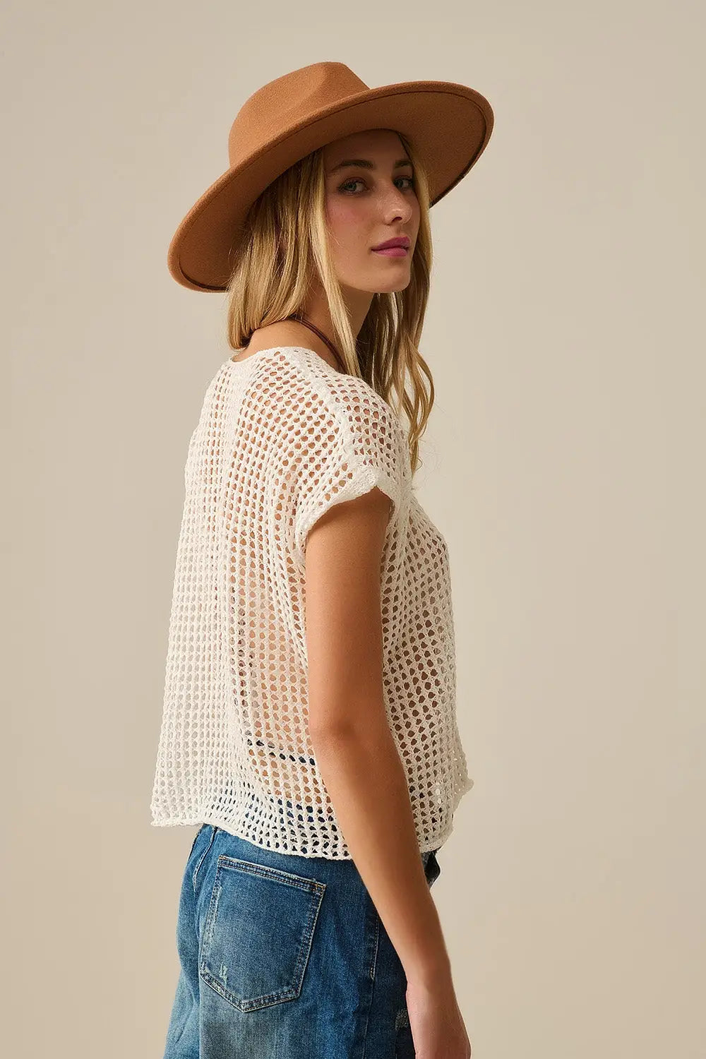 Open Knit Crochet dropped Sleeved Top in white - WHITE / ONE - Sweaters