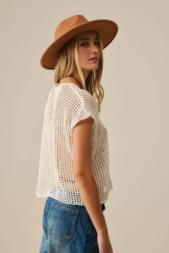 Open Knit Crochet dropped Sleeved Top in white - WHITE / ONE - Sweaters