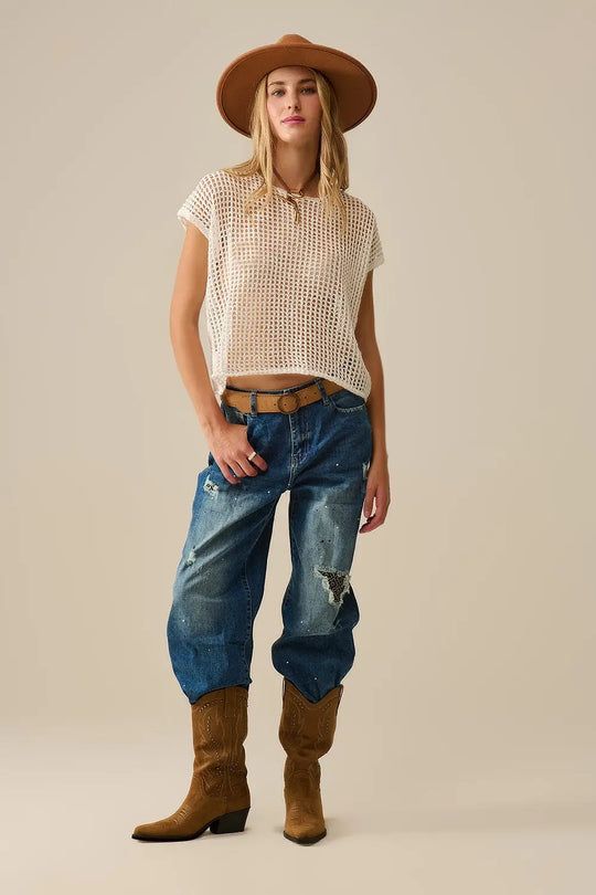 Open Knit Crochet dropped Sleeved Top in white - WHITE / ONE - Sweaters