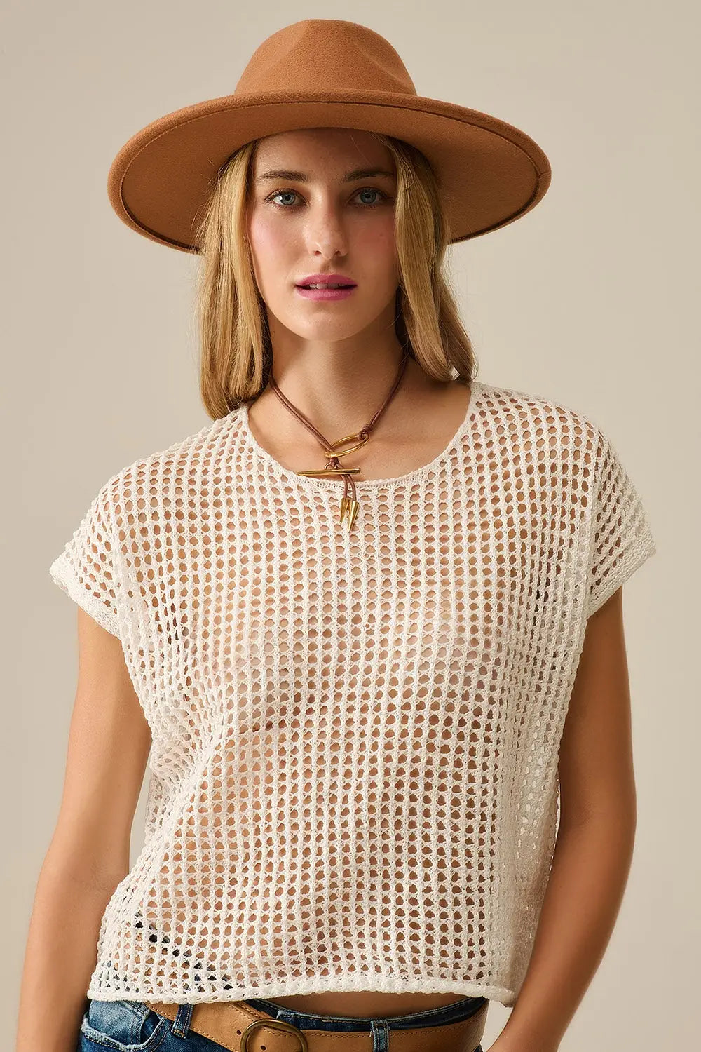 Open Knit Crochet dropped Sleeved Top in white - WHITE / ONE - Sweaters