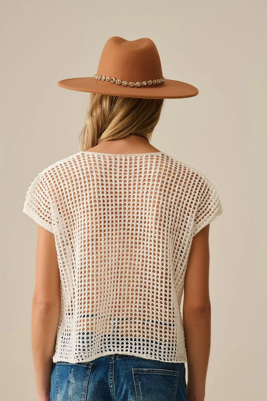 Open Knit Crochet dropped Sleeved Top in white - WHITE / ONE - Sweaters
