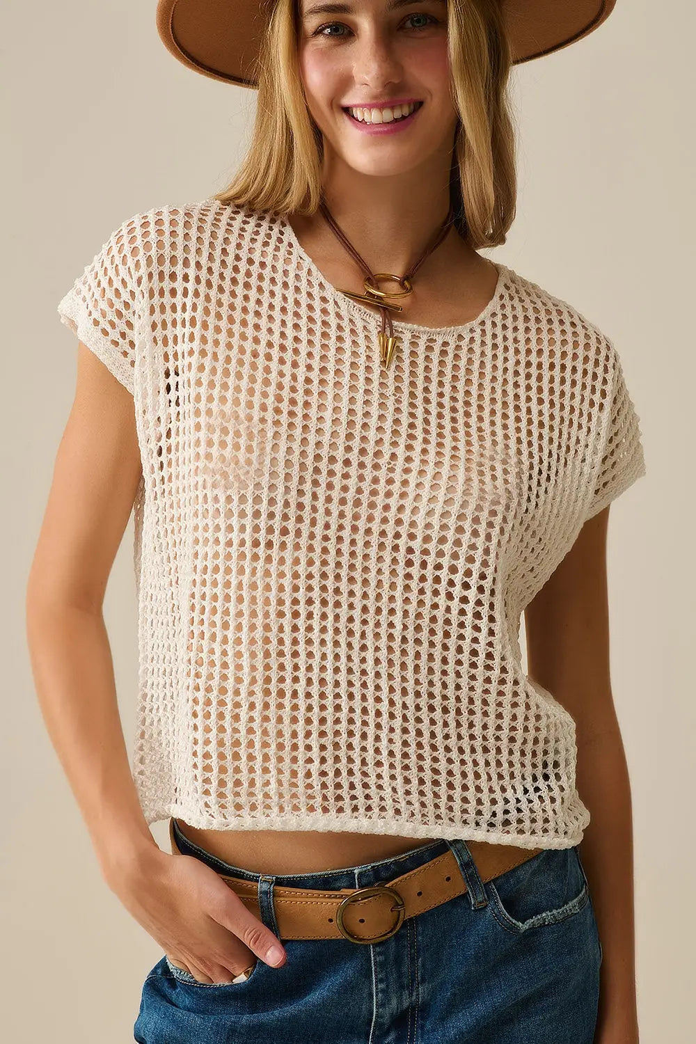 Open Knit Crochet dropped Sleeved Top in white - WHITE / ONE - Sweaters