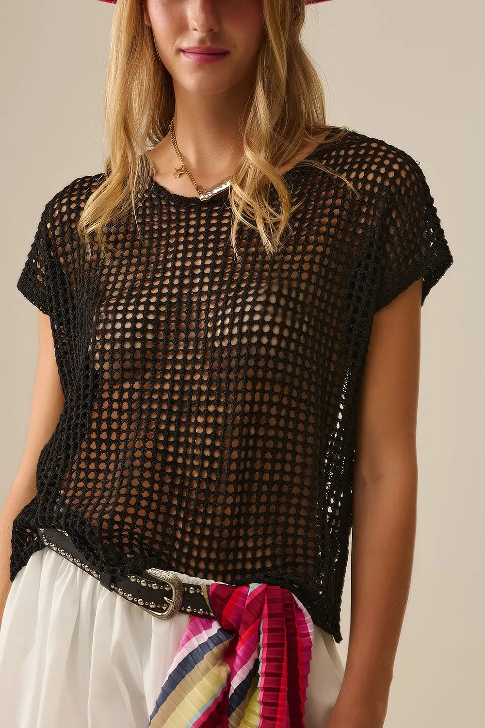Open Knit Crochet dropped Sleeved Top in black - BLACK / ONE - Sweaters