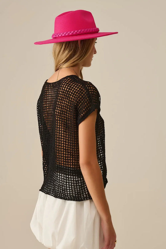 Open Knit Crochet dropped Sleeved Top in black - BLACK / ONE - Sweaters