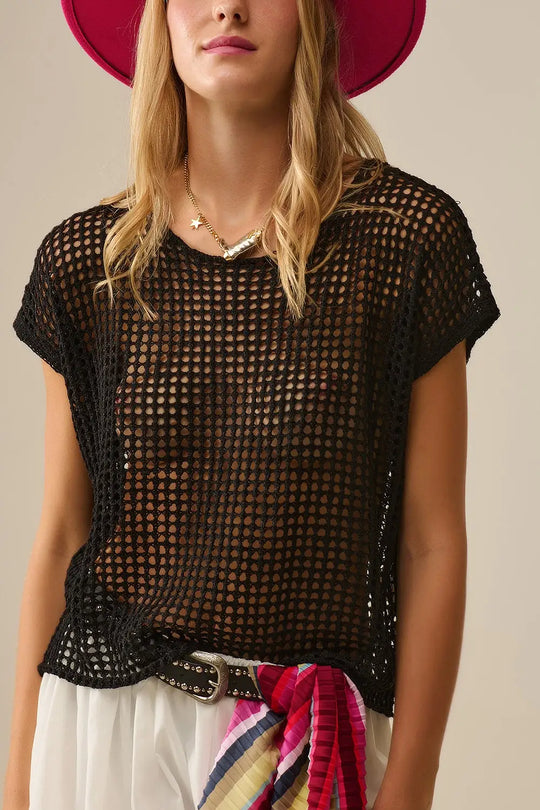 Open Knit Crochet dropped Sleeved Top in black - BLACK / ONE - Sweaters