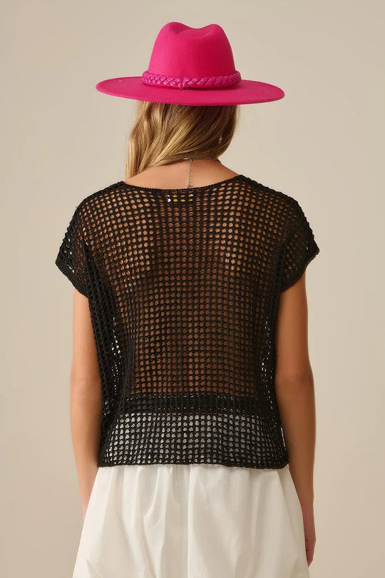Open Knit Crochet dropped Sleeved Top in black - BLACK / ONE - Sweaters