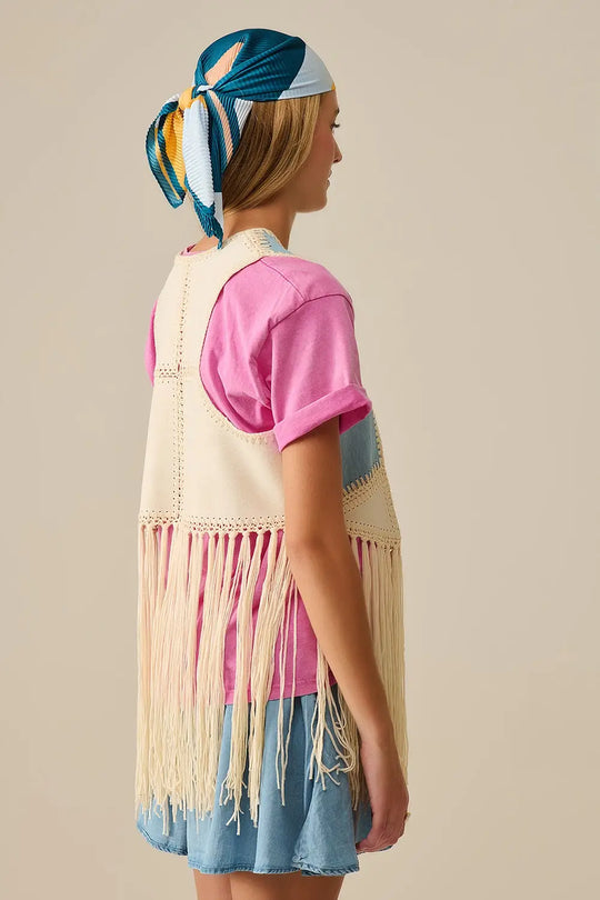 Faux leather vest with patchwork and fringe detail - CREAM / ONE - Jackets Tops