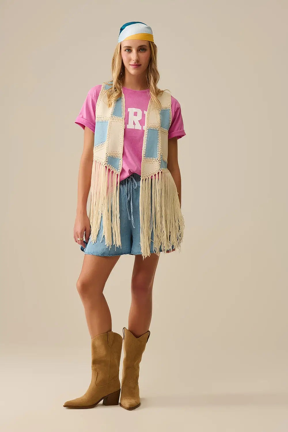 Faux leather vest with patchwork and fringe detail - CREAM / ONE - Jackets Tops