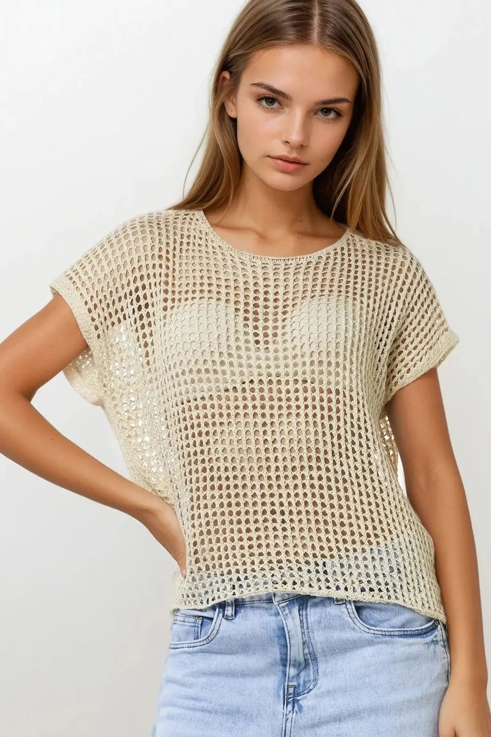Open Knit Crochet dropped Sleeved Top in Beige - BEIGE / ONE - Sweaters