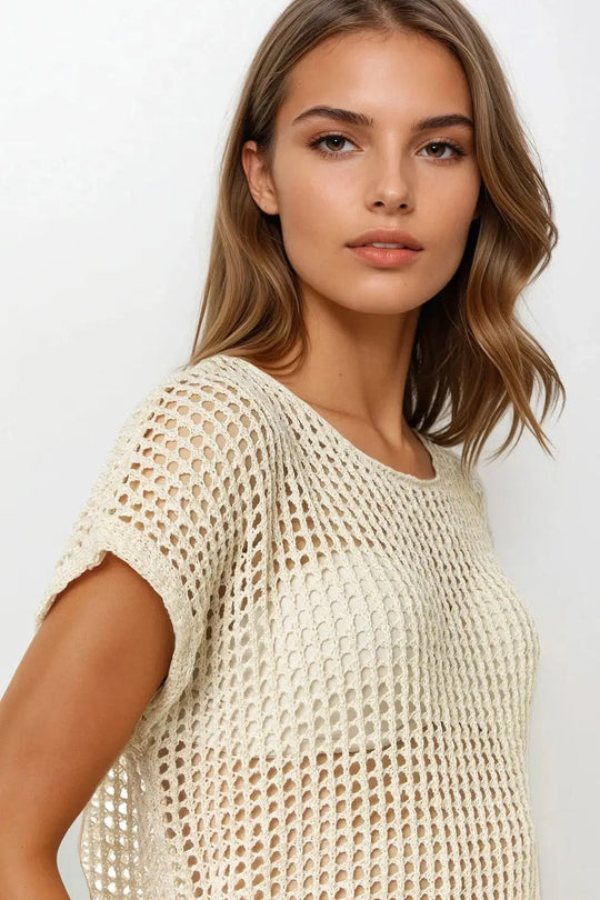 Open Knit Crochet dropped Sleeved Top in Beige - BEIGE / ONE - Sweaters