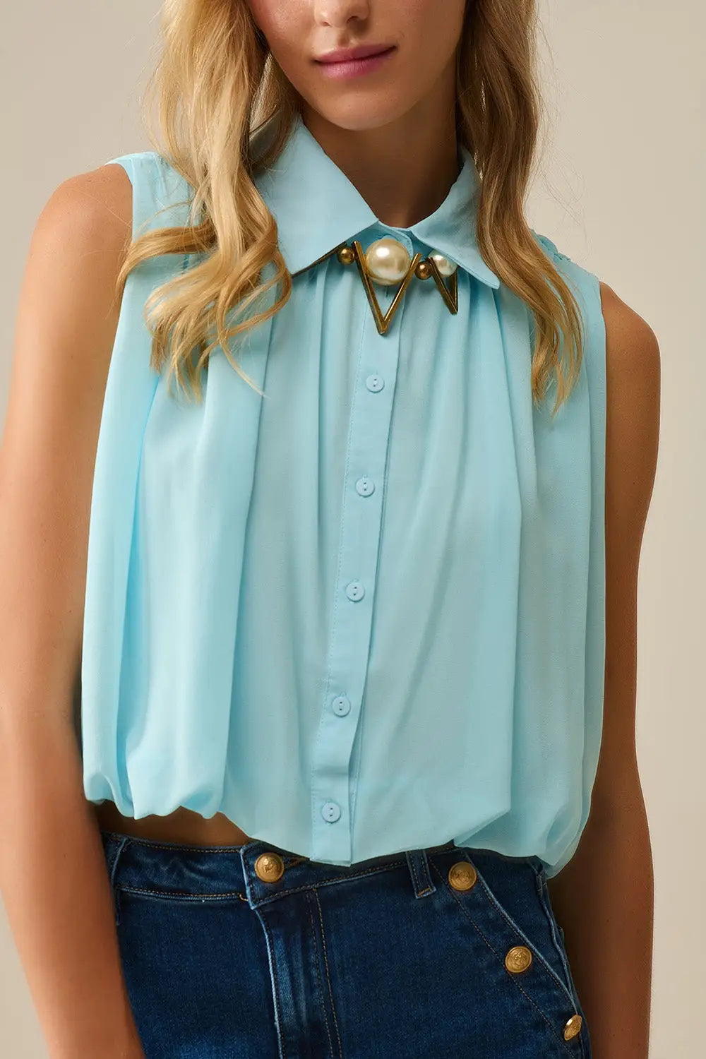 baby blue chiffon blouse with pleats at the hem - Shirts