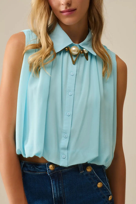 baby blue chiffon blouse with pleats at the hem - Shirts