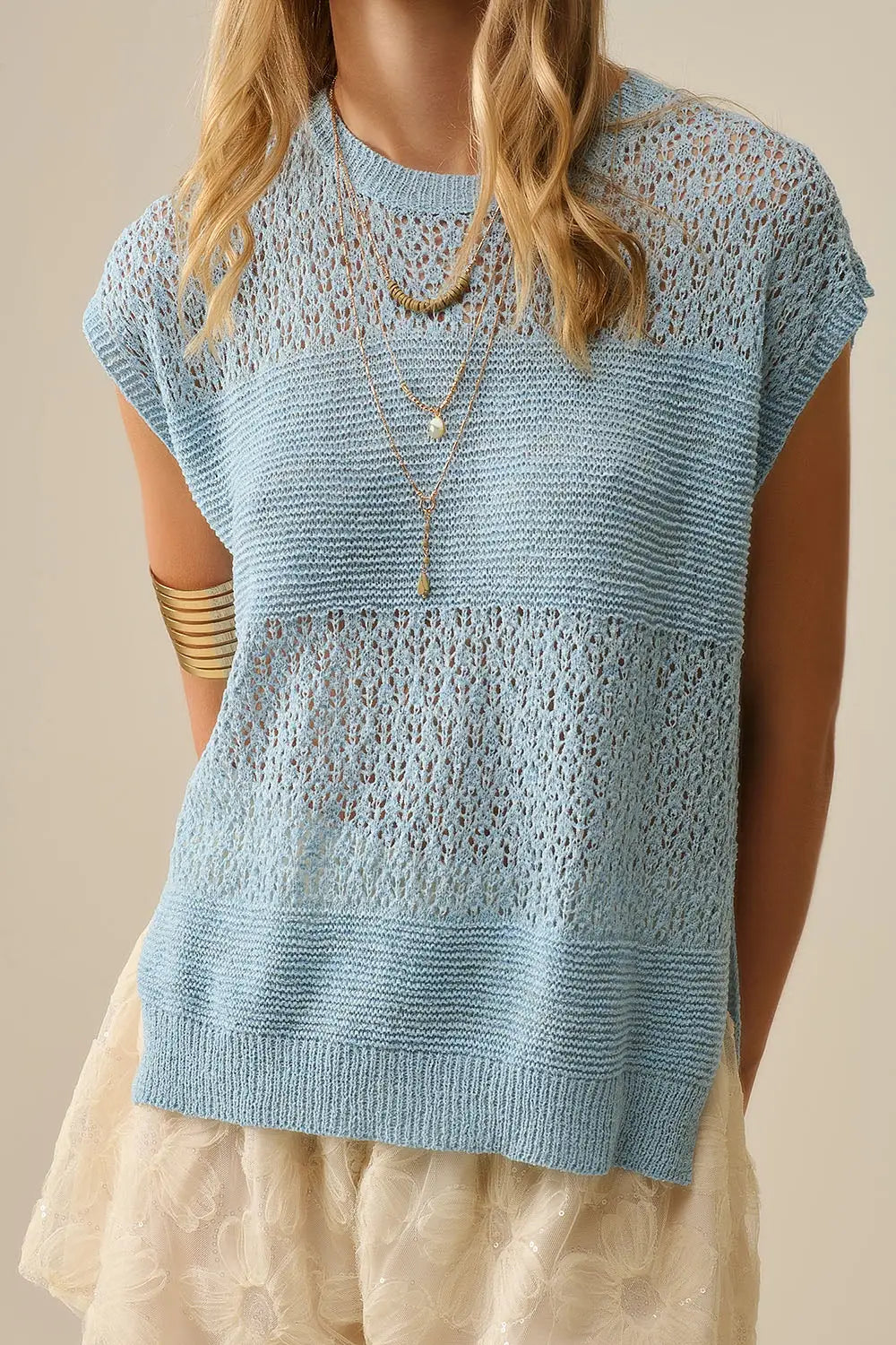 Blue sweater with soft open knit and dropped sleeves - BLUE / ONE - Sweaters