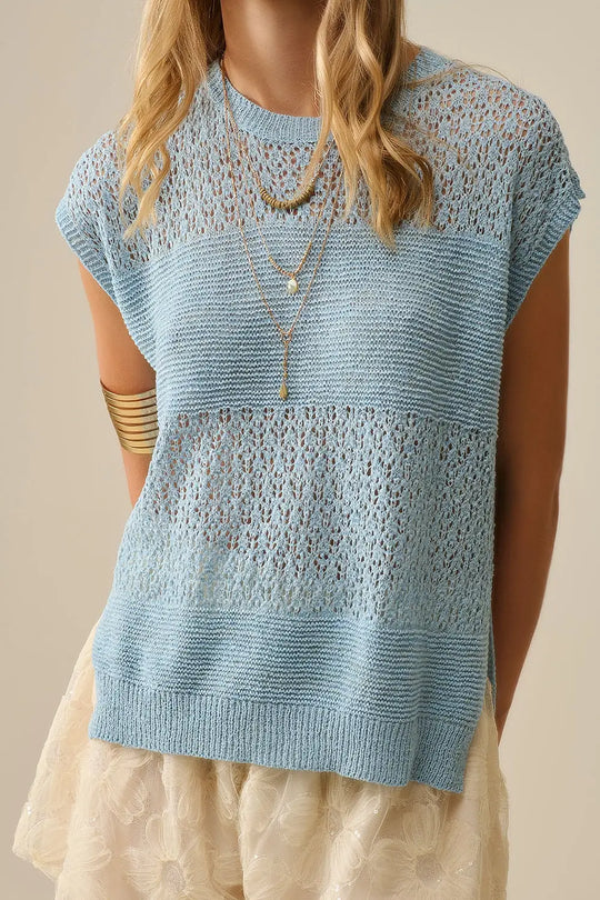 Blue sweater with soft open knit and dropped sleeves - BLUE / ONE - Sweaters