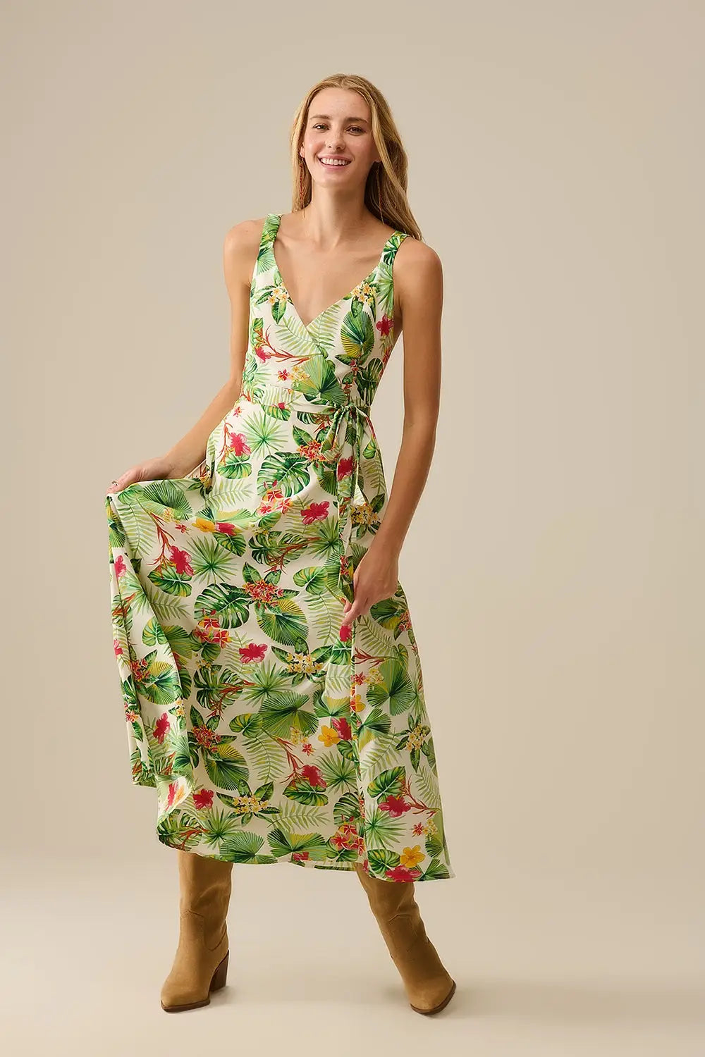 White Long Wrap Dress with Tropical Print - Dresses