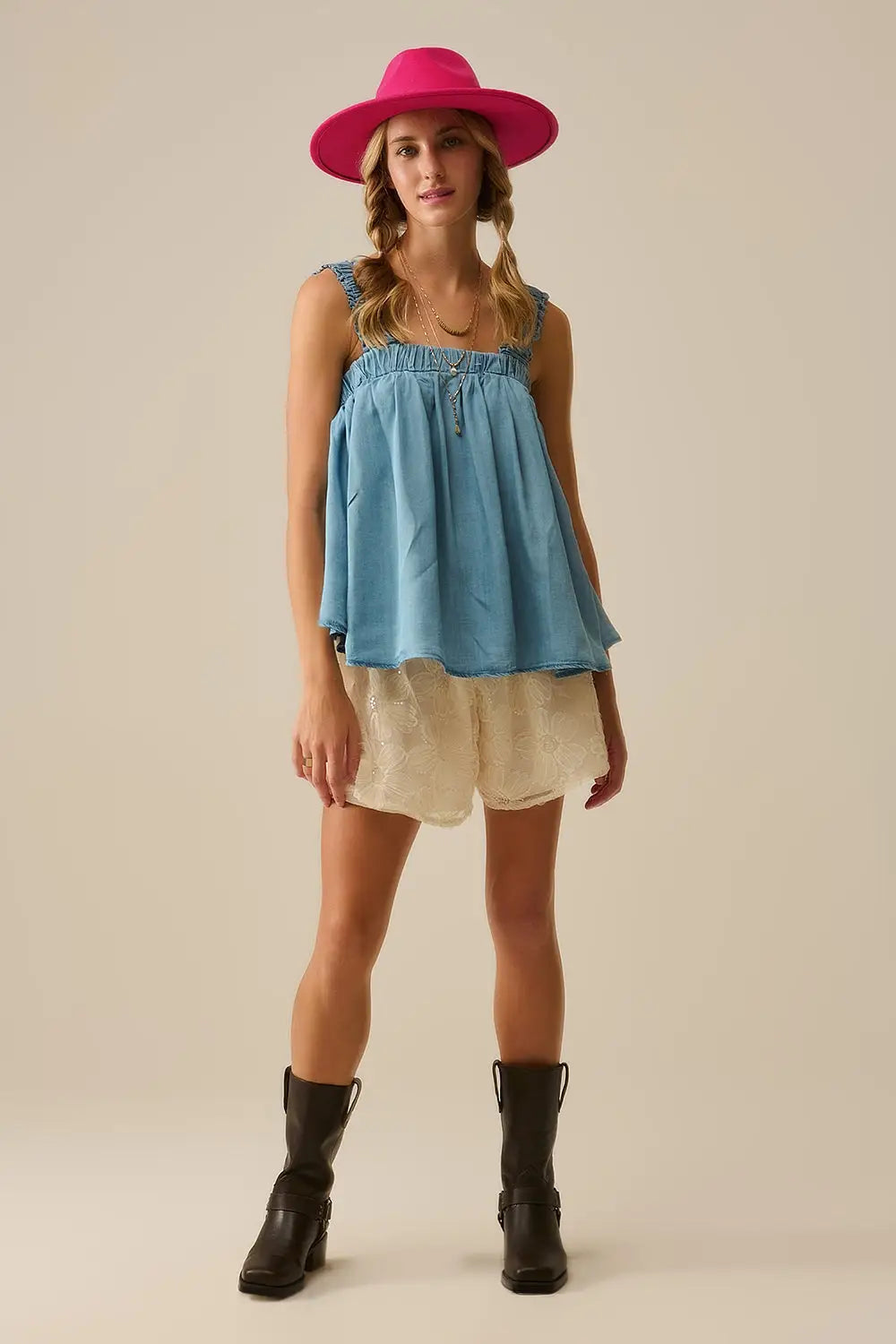 Tencel fabric Top with Rouched Straps in Blue - Tops