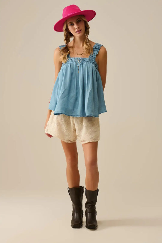 Tencel fabric Top with Rouched Straps in Blue - Tops