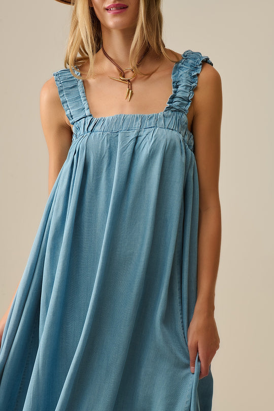 Light Blue maxi Dress with Ruffled Straps in tencel fabric