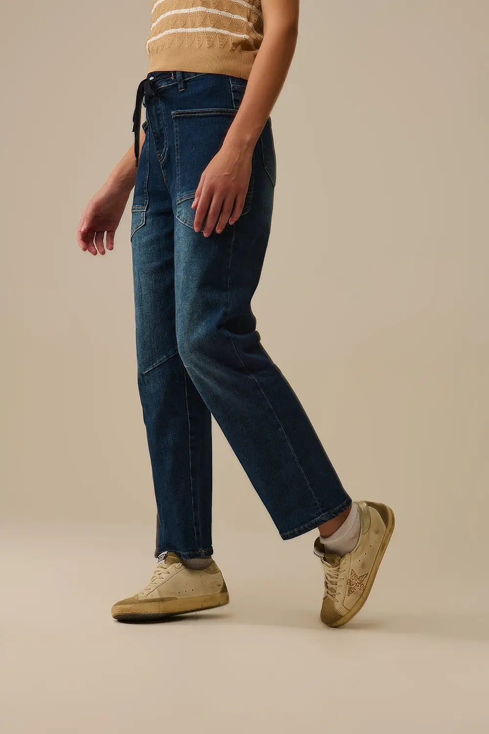Drawstring Waist Wide-Leg Jeans in Dark wash