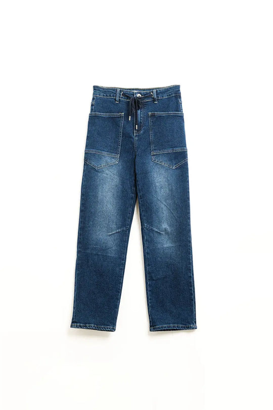 Drawstring Waist Wide-Leg Jeans in Dark wash