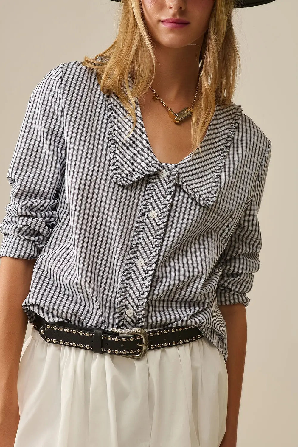 Gingham peter pan collar blouse in Black and White - Shirts