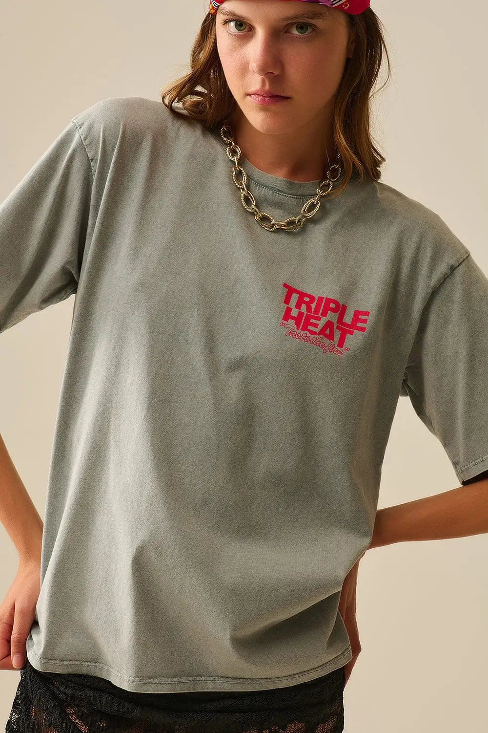 Washed grey relaxed fit Short Sleeve TRIPLE HEAT LOGO T-shirt - GRAY / ONE - T-Shirts