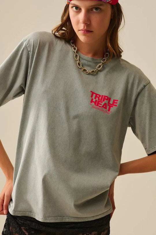 Washed grey relaxed fit Short Sleeve TRIPLE HEAT LOGO T-shirt - GRAY / ONE - T-Shirts