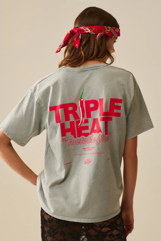 Washed grey relaxed fit Short Sleeve TRIPLE HEAT LOGO T-shirt - GRAY / ONE - T-Shirts