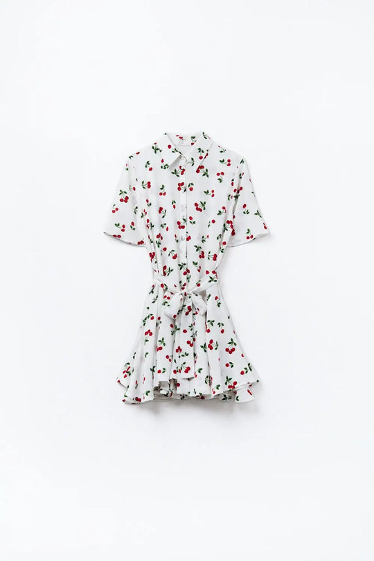 Cherry Print Short Shirt Dress - Dresses