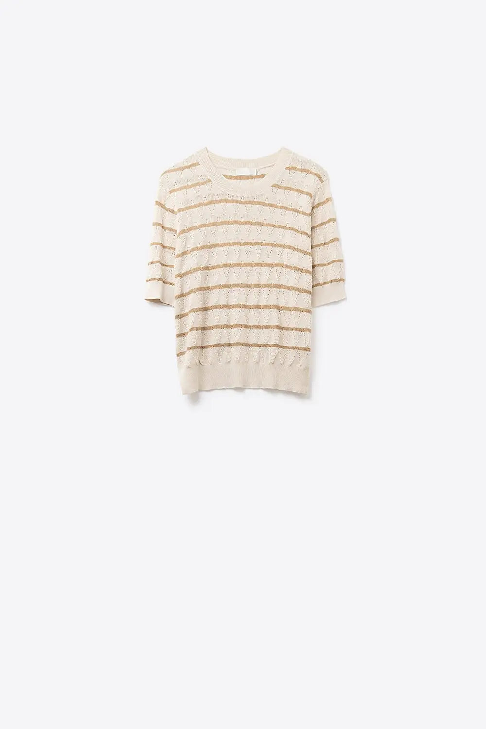 Beige Openwork Knit Top with Short Sleeves and Gold Stripes - BEIGE / ONE - Sweaters