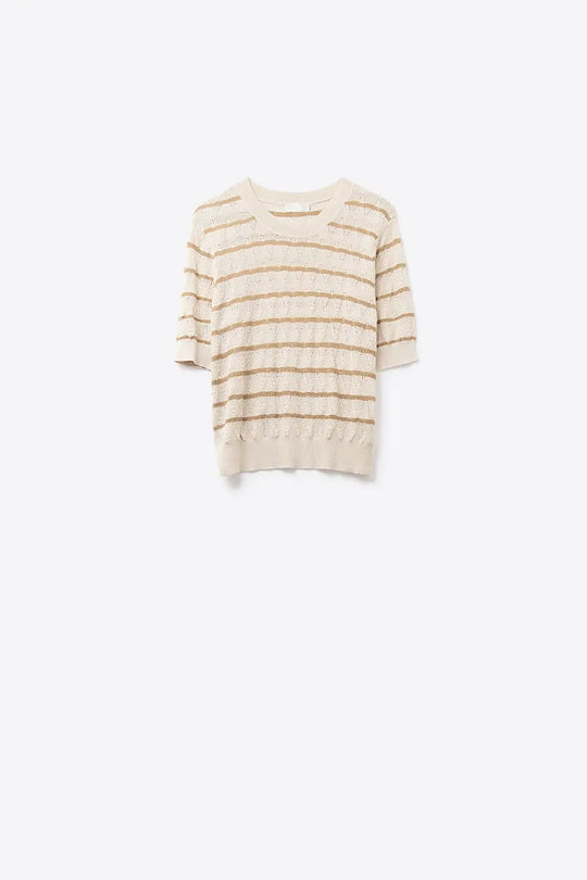 Beige Openwork Knit Top with Short Sleeves and Gold Stripes - BEIGE / ONE - Sweaters