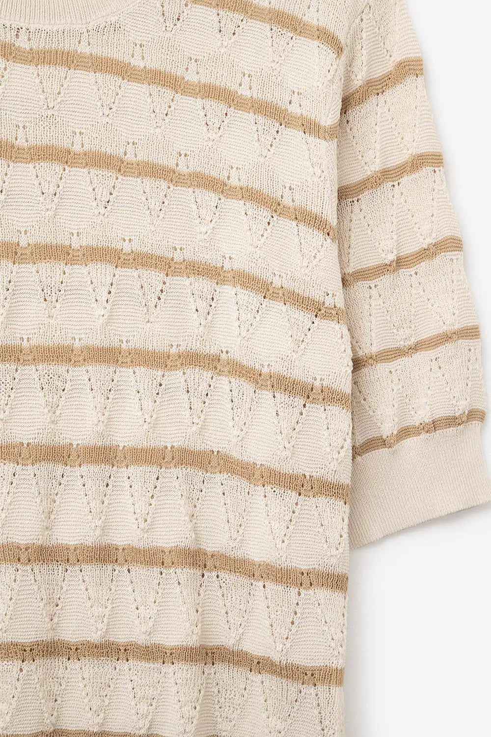Beige Openwork Knit Top with Short Sleeves and Gold Stripes - BEIGE / ONE - Sweaters