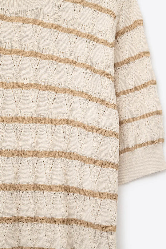 Beige Openwork Knit Top with Short Sleeves and Gold Stripes - BEIGE / ONE - Sweaters