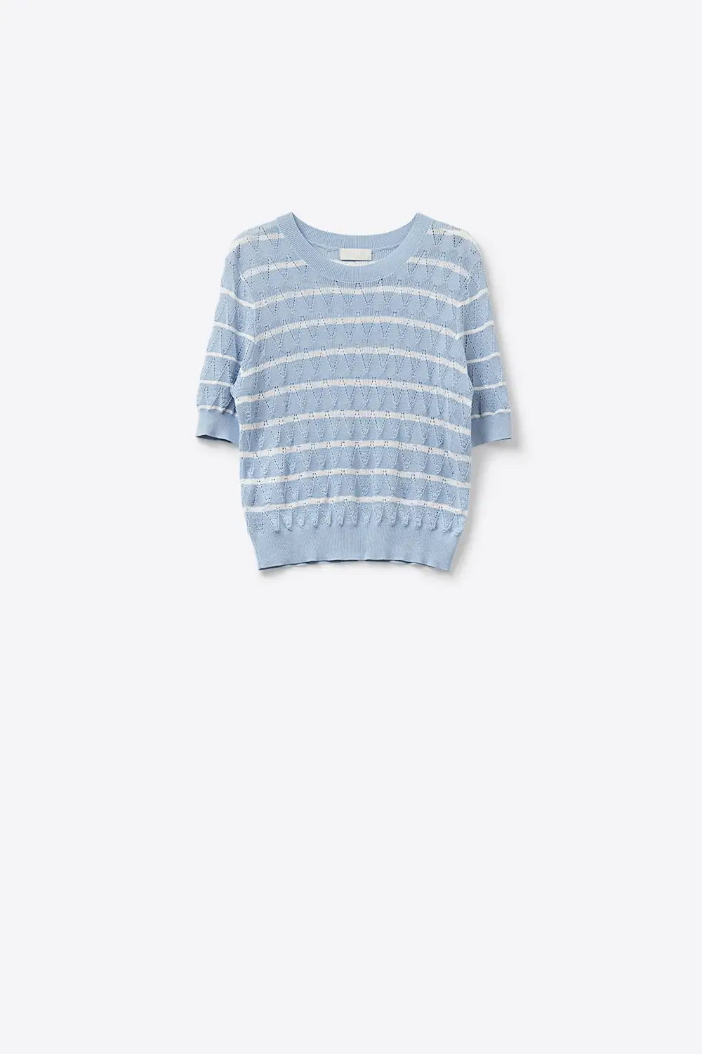 baby Blue Openwork Knit Top with Short Sleeves and White Stripes - BLUE / ONE - Sweaters