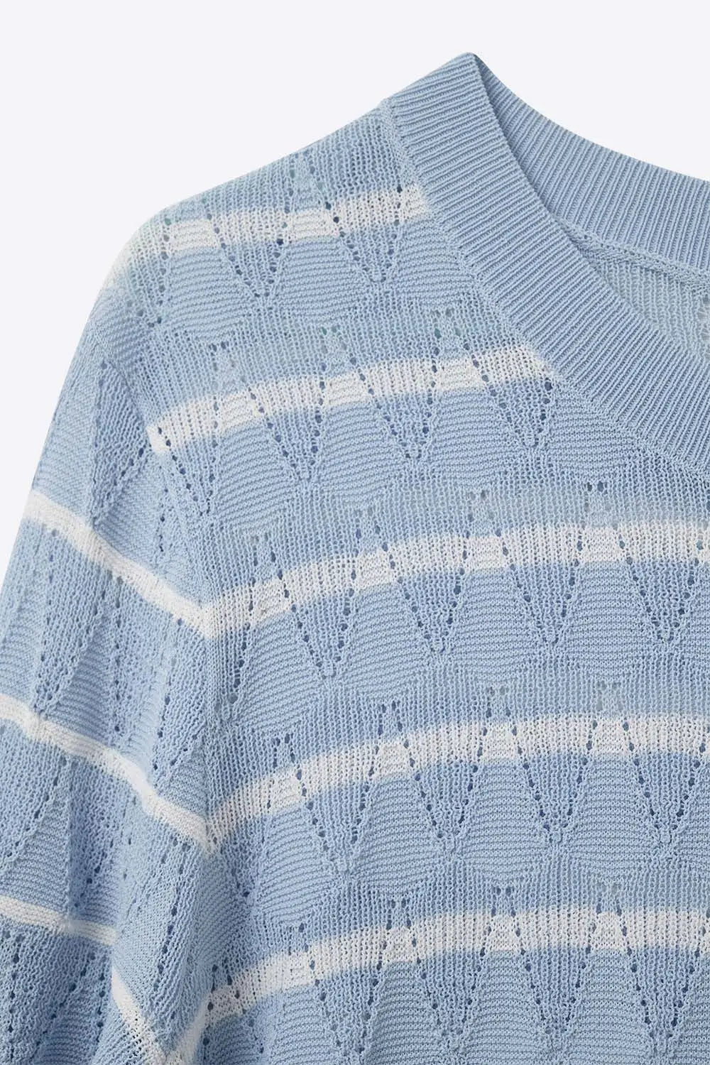 baby Blue Openwork Knit Top with Short Sleeves and White Stripes - BLUE / ONE - Sweaters