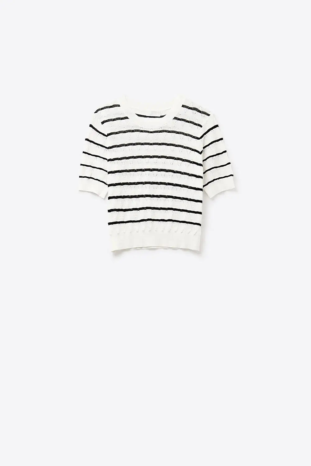 White Openwork Knit Top with Short Sleeves and Black Stripes - WHITE / ONE - Sweaters