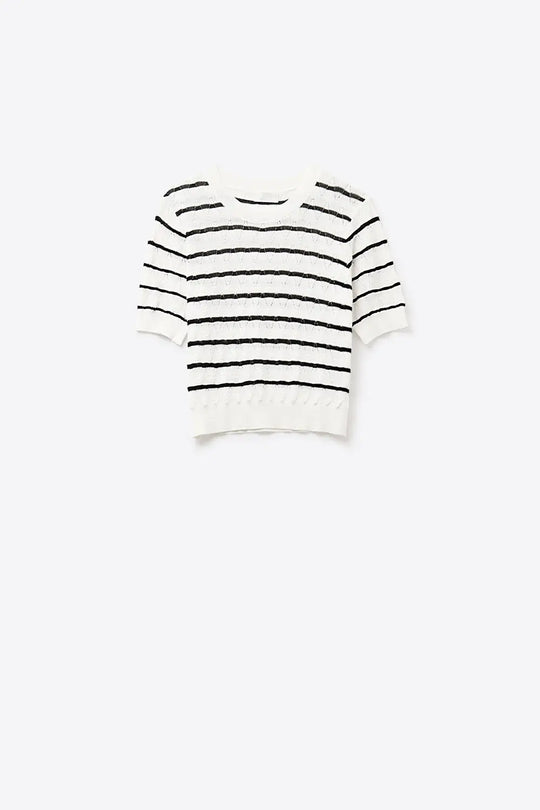 White Openwork Knit Top with Short Sleeves and Black Stripes - WHITE / ONE - Sweaters