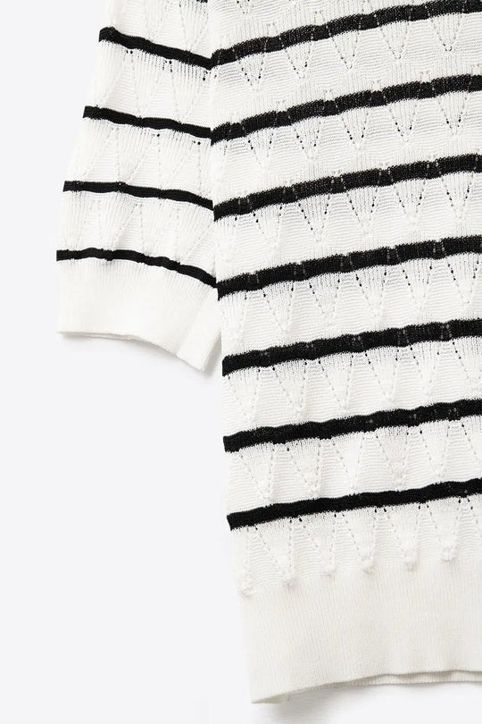 White Openwork Knit Top with Short Sleeves and Black Stripes - WHITE / ONE - Sweaters