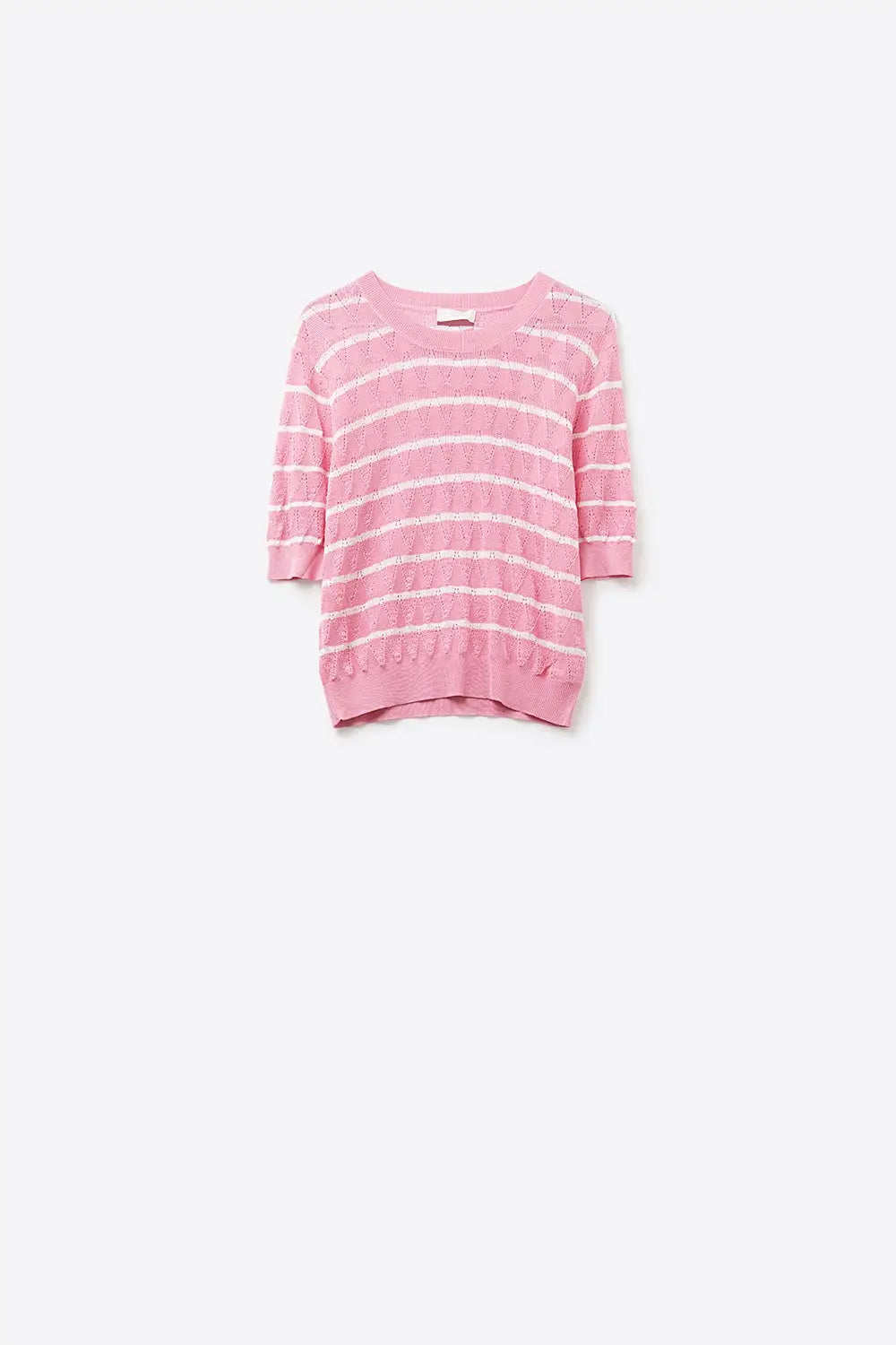Pink Openwork Knit Top with Short Sleeves and White Stripes - PINK / ONE - Sweaters