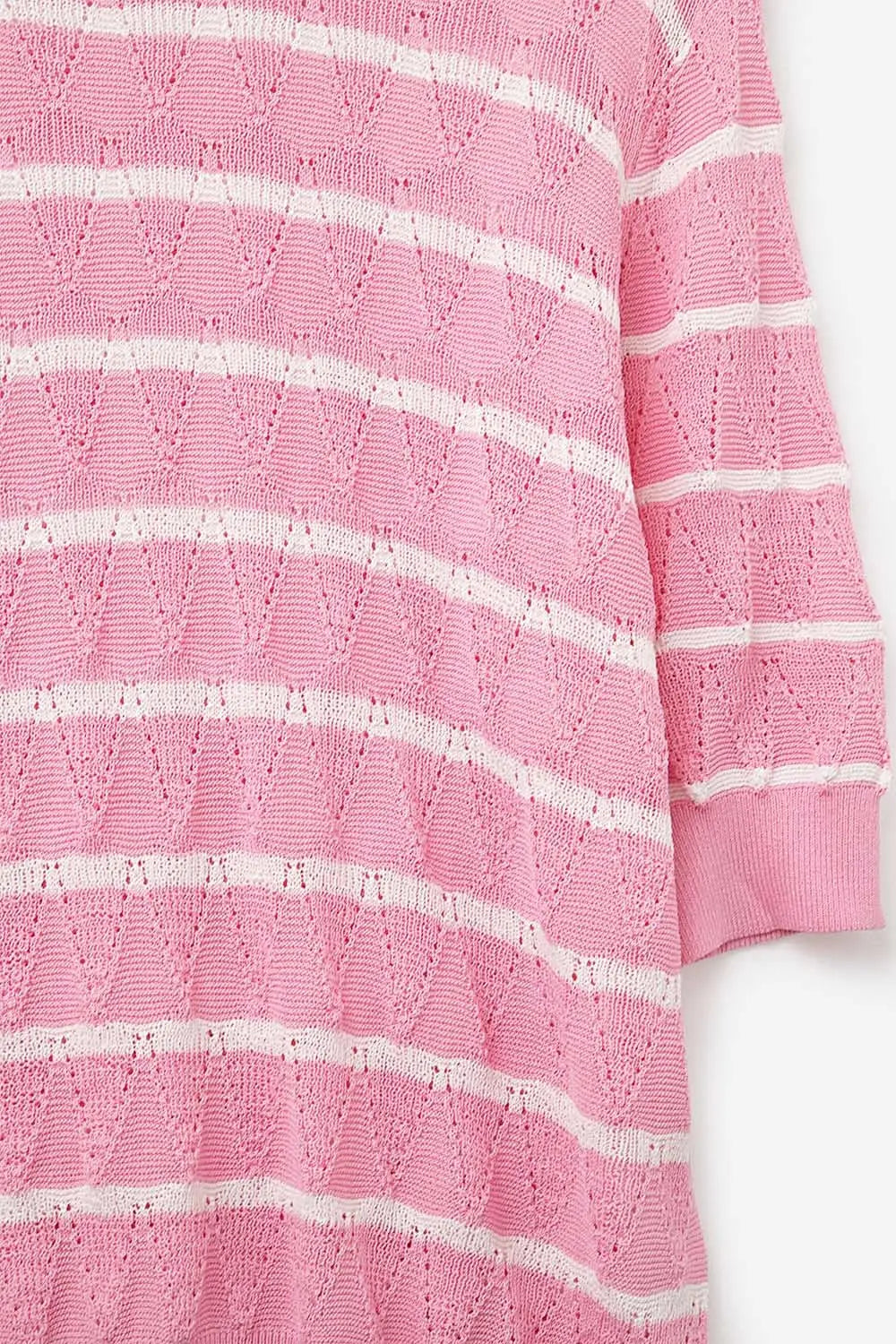 Pink Openwork Knit Top with Short Sleeves and White Stripes - PINK / ONE - Sweaters